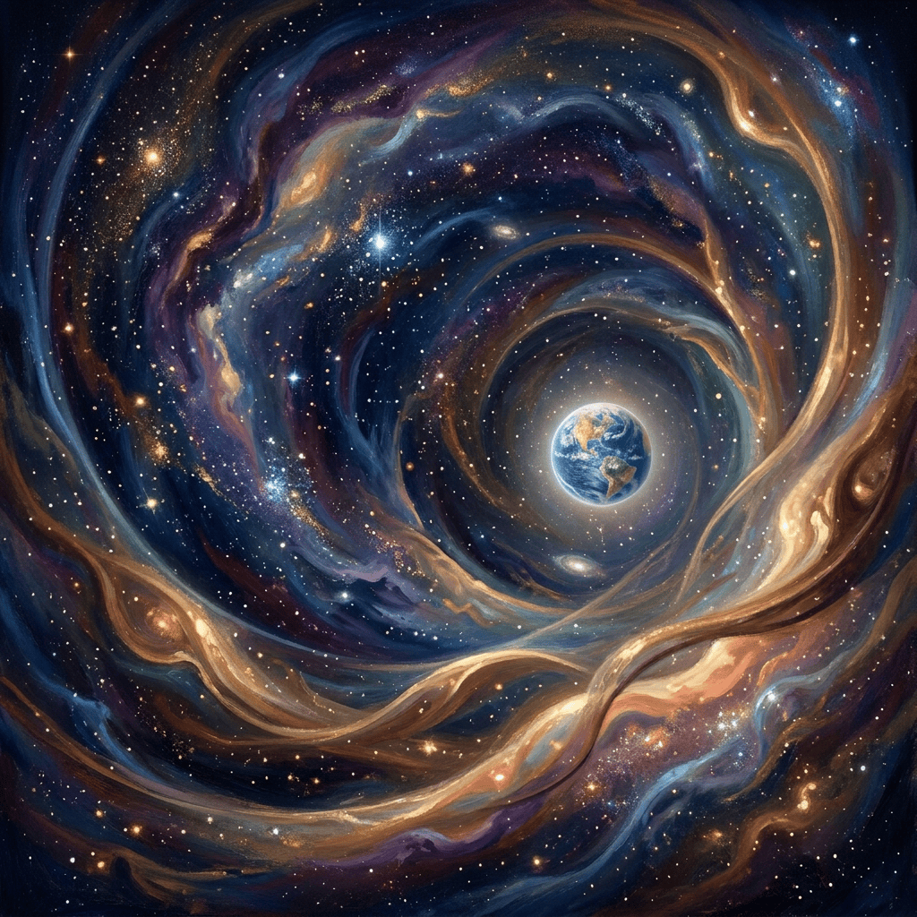 Glowing Earth surrounded by swirling colorful galaxies and stars